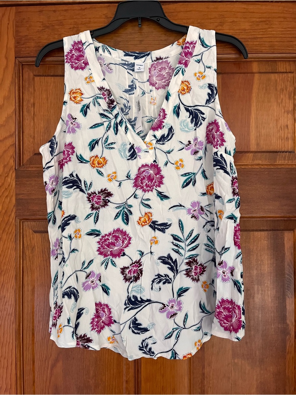 Old Navy White V-Neck Floral Sleeveless Camisole with Pink & Purple Blooms
